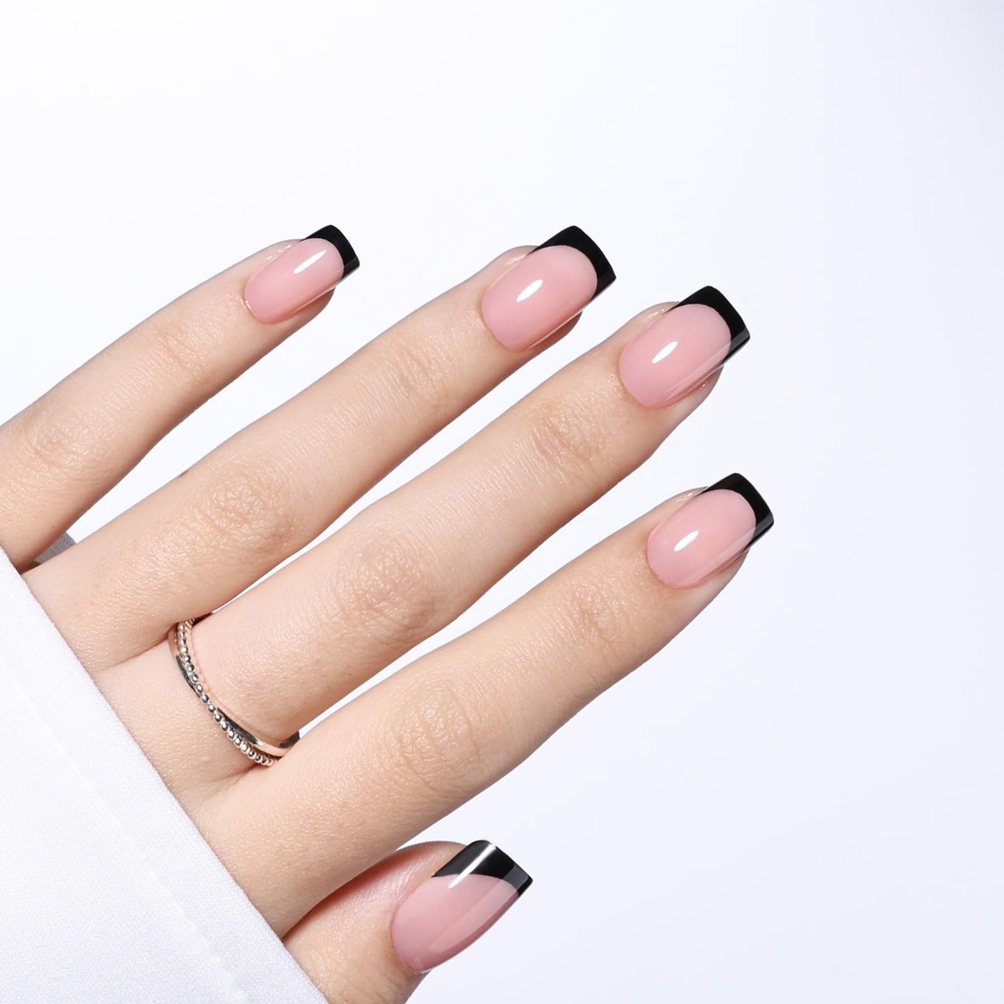 Black French Tip Press On Nails - Short Square Black Tips Press on Nails Glossy Nails Press Ons for Women, Reusable Fake Nails Kit with Glue,32 Pieces in 16 Sizes