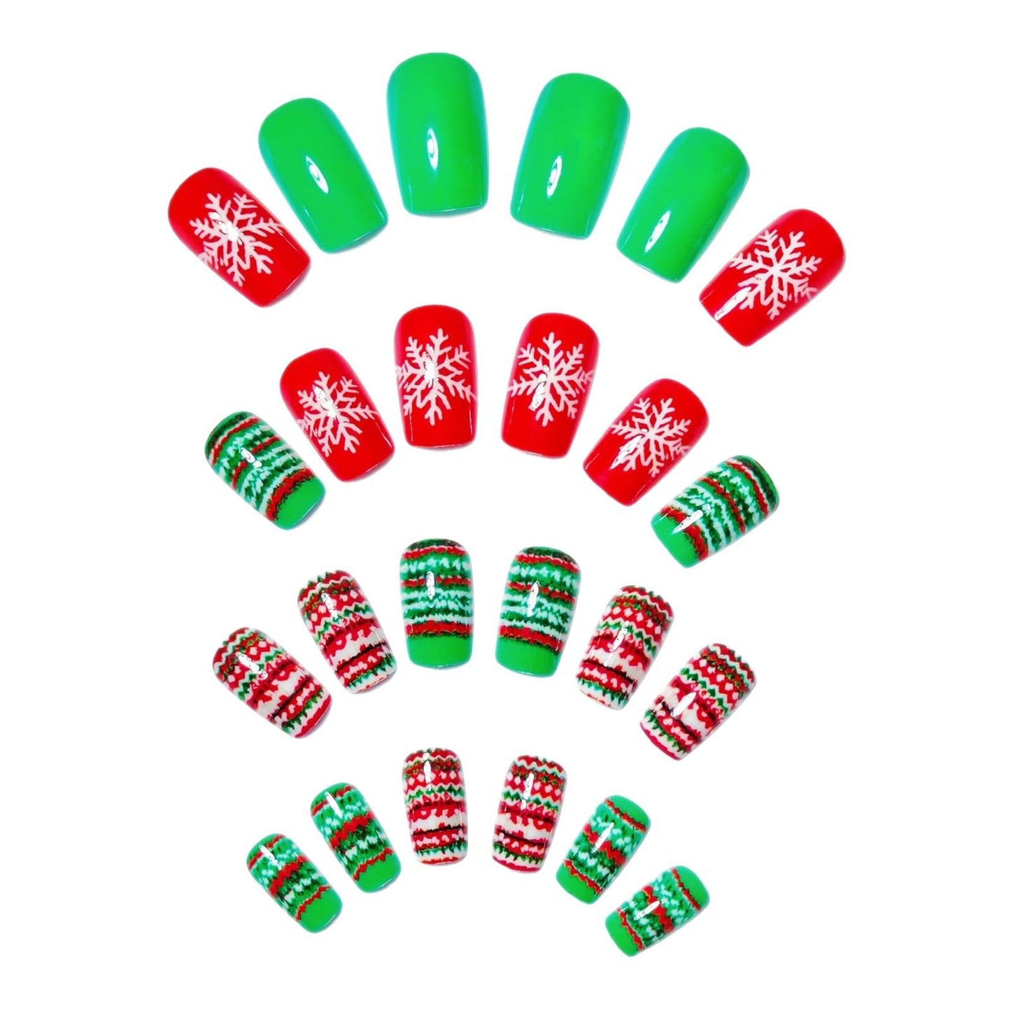 Christmas Press on Nails Red Short Fake Nails with Snowflake Designs Stripe Square False Nail for Women Glossy Full Cover Stick on Nails Xmas Glue on Nail for Women 24Pcs