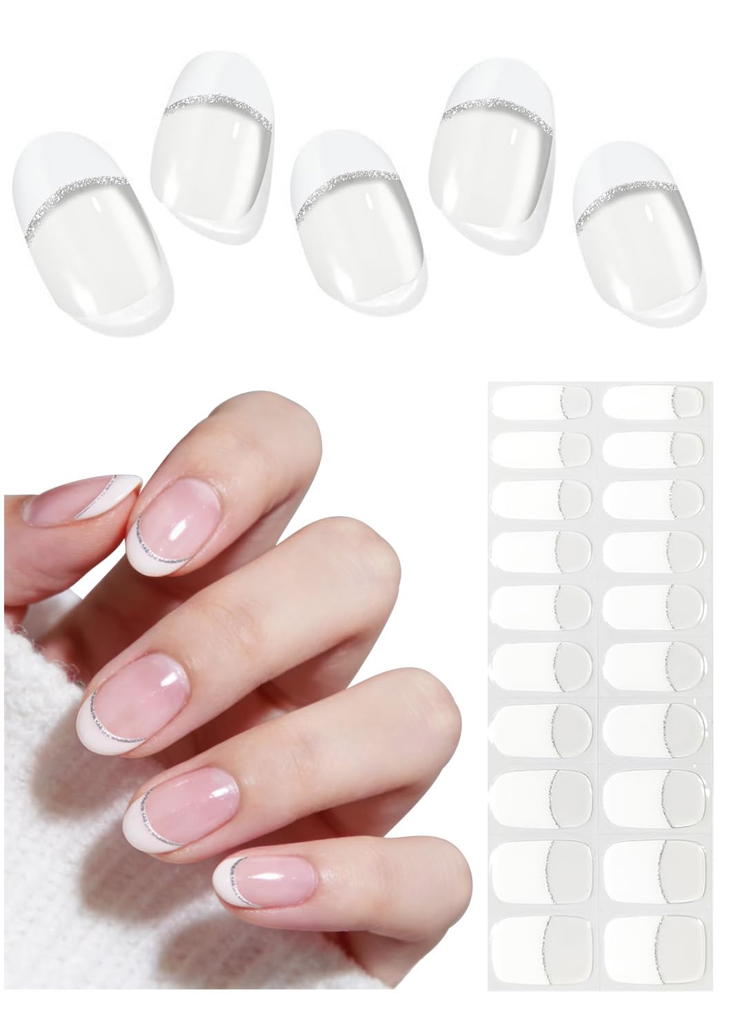 UV Gel Nail Stickers, French Glitter 20pcs Semi Cured Gel Nail Strips, Wraps for Home Manicure DIY