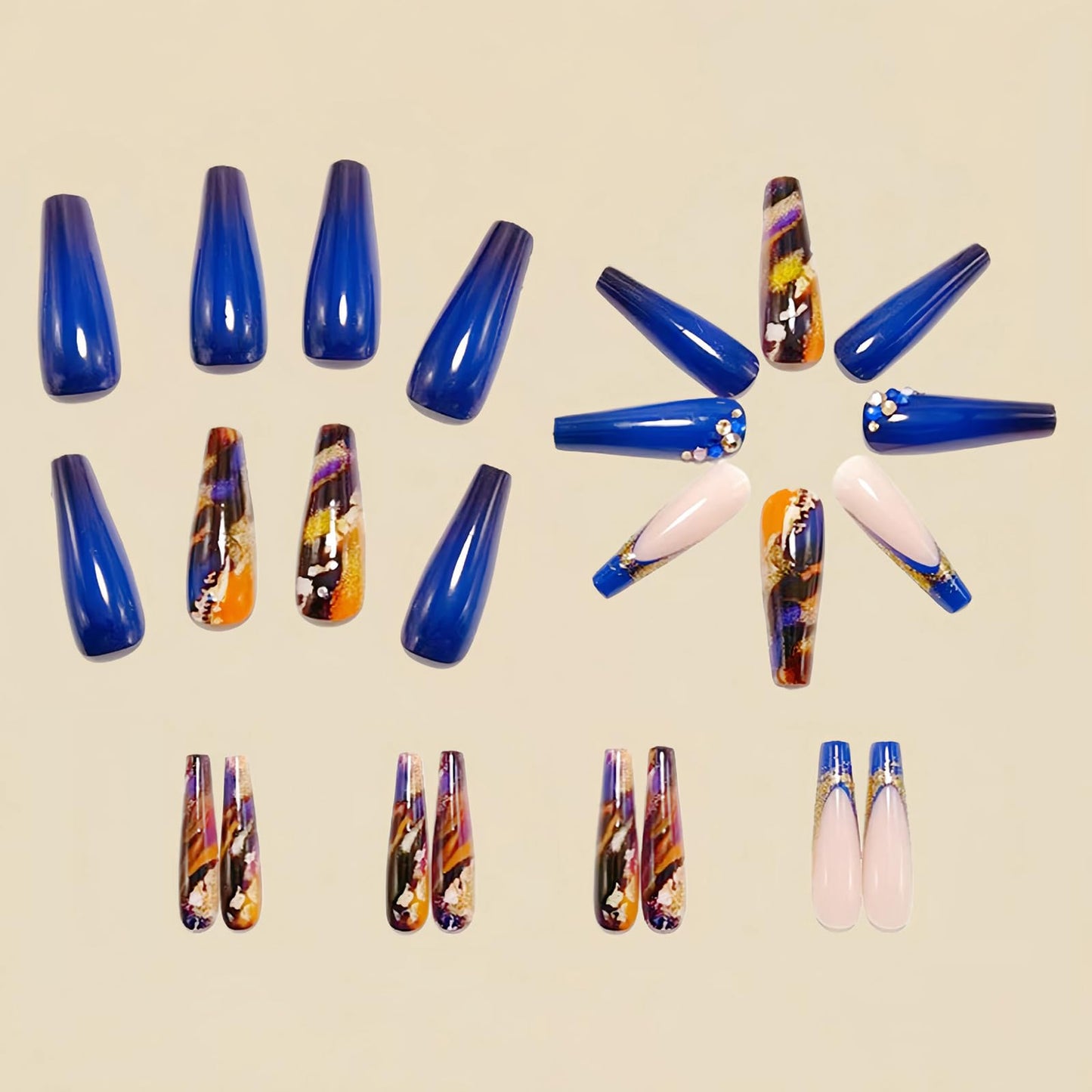MISUD Press on Nails - Long Coffin Fake Nails with Navy Blue, Acrylic Bling Glitter Rhinestone Design 24 pcs
