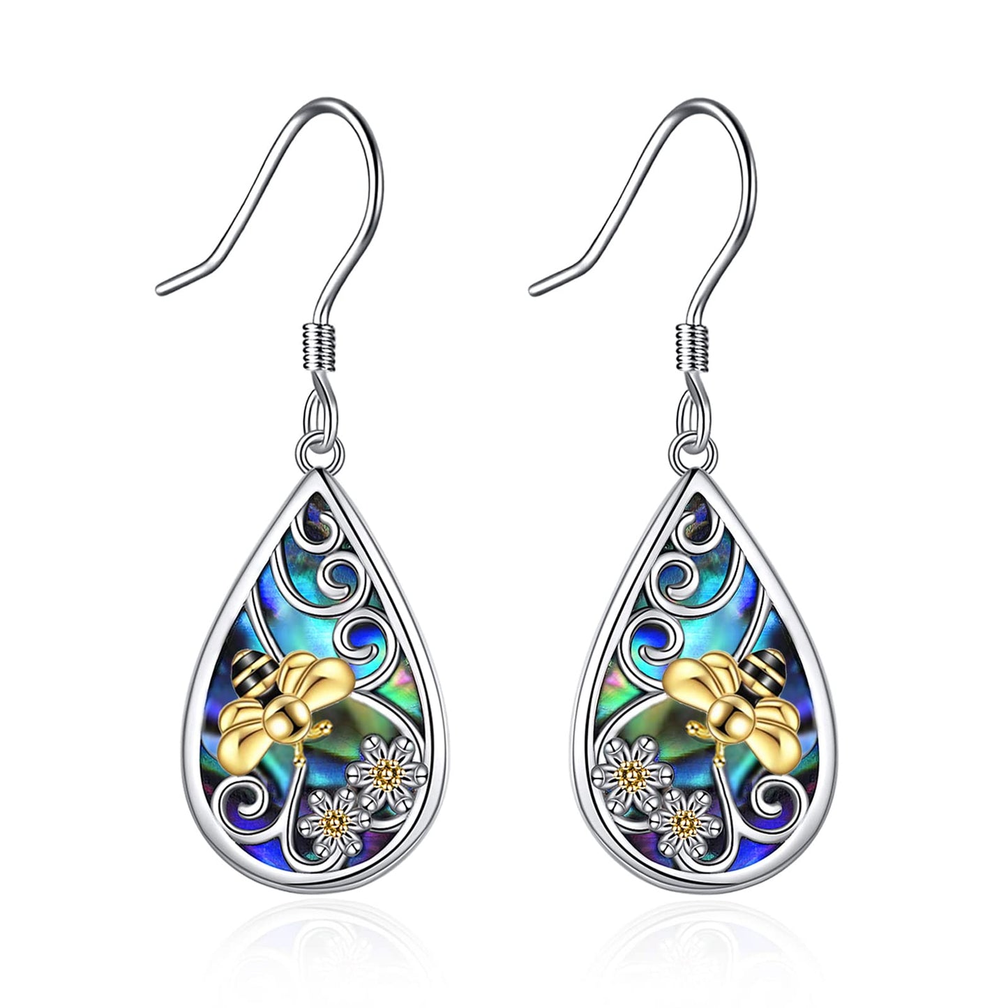 POPLYKE Bee Earrings Sterling Silver Leverback Earrings for Women Teardrop Abalone Dangle Earrings