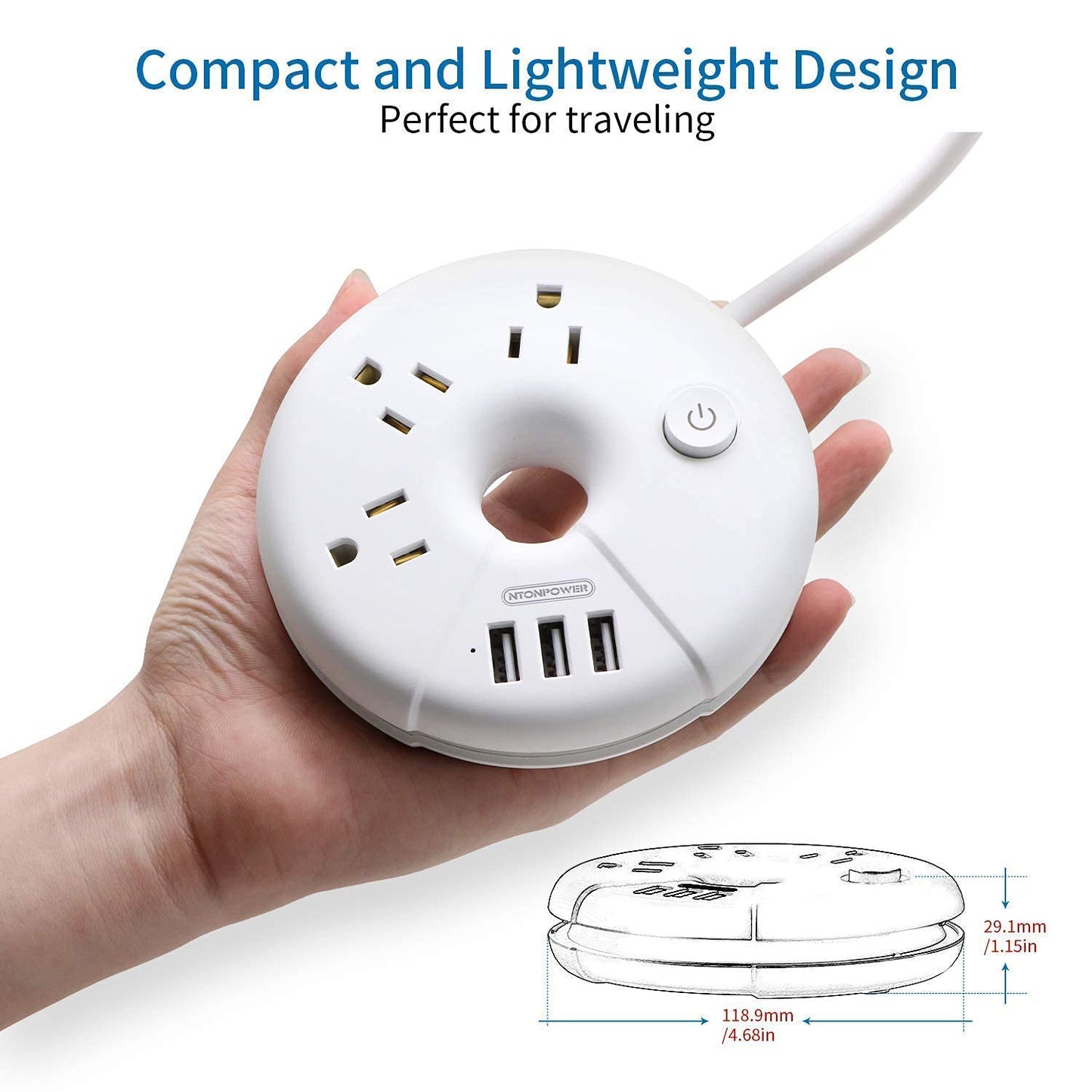 NTONPOWER Travel Power Strip Bundle, 3 Outlets 3 USB Portable Desktop Charging Station with 15 inch Short Cord and 5ft Extension Cord for Office, Home, Hotels, Cruise Ship, Nightstand - White