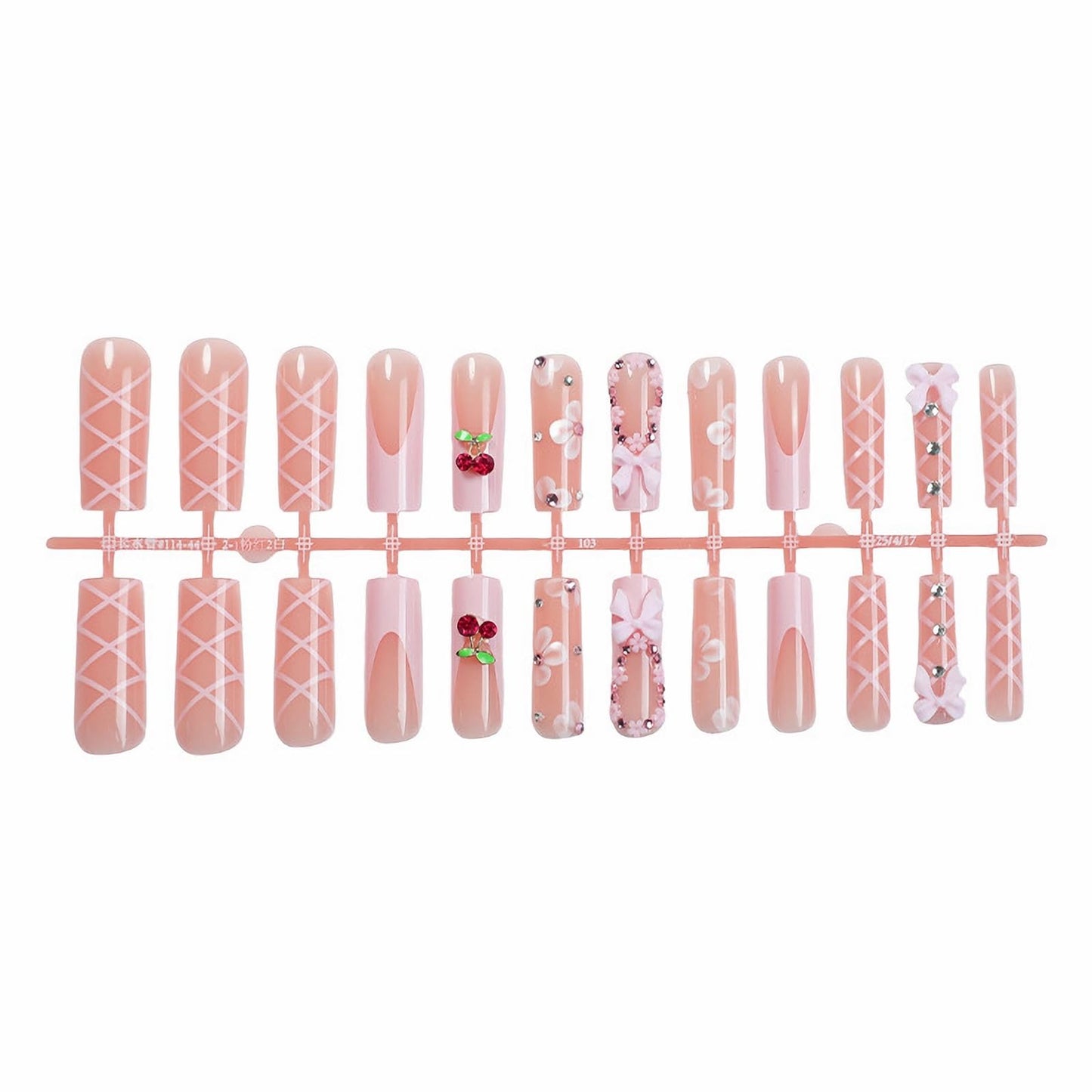 MISUD Press on Nails - Long Square Fake Nails with Pink, Acrylic Flower Cherry Design 24 pcs