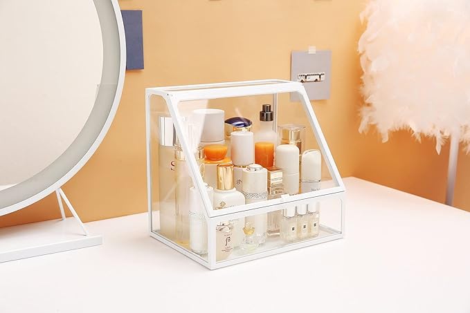 MOOCHI White Vintage Glass Cosmetic Makeup Organizer 3 Drawers Set Dust Waterproof Cosmetics Storage Display Case Countertop for Brushes Lipsticks Jewelry