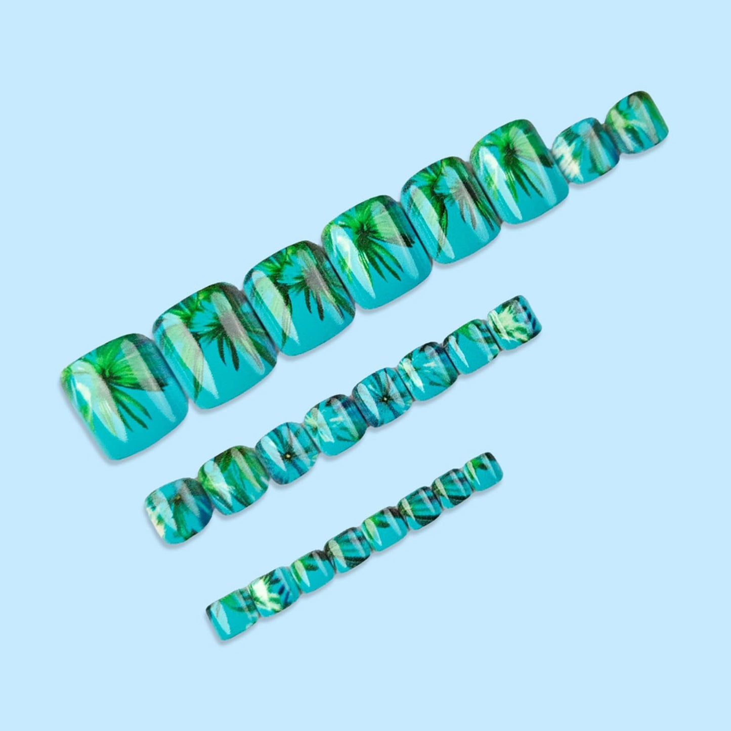 Summer Press on Toenails Short Square Fake Toe Nails with Coconut Tree Leaves Design Glossy Blue Glue on Toe Nails Green Leaf False Toenails Full Cover Acrylic Toenails for for Women