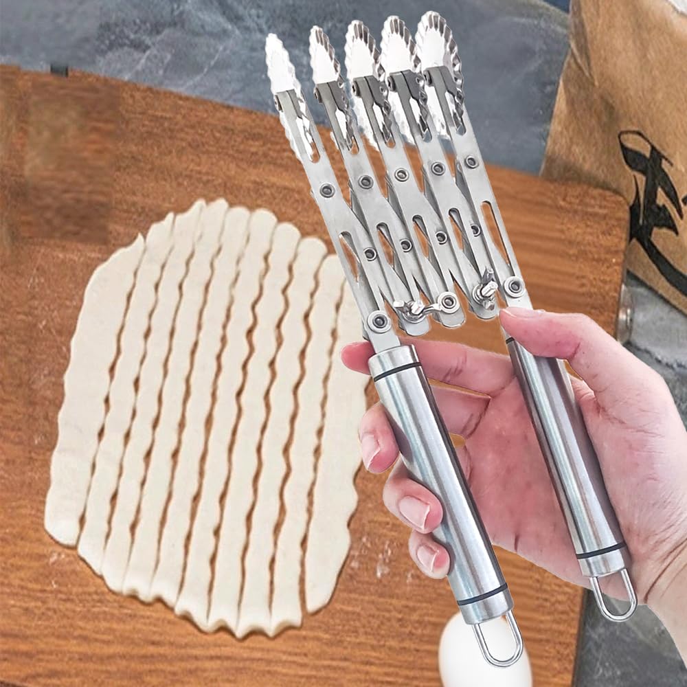 MTOMDY 5-Wheel Pastry Knife,Spaghetti And Noodle Slicer, Stainless Steel Fluted Pasta Crimping Wheel Dough Crimper Cutter Roller Ravioli Maker Tool for Pizza Noodle Cracker(with handle)