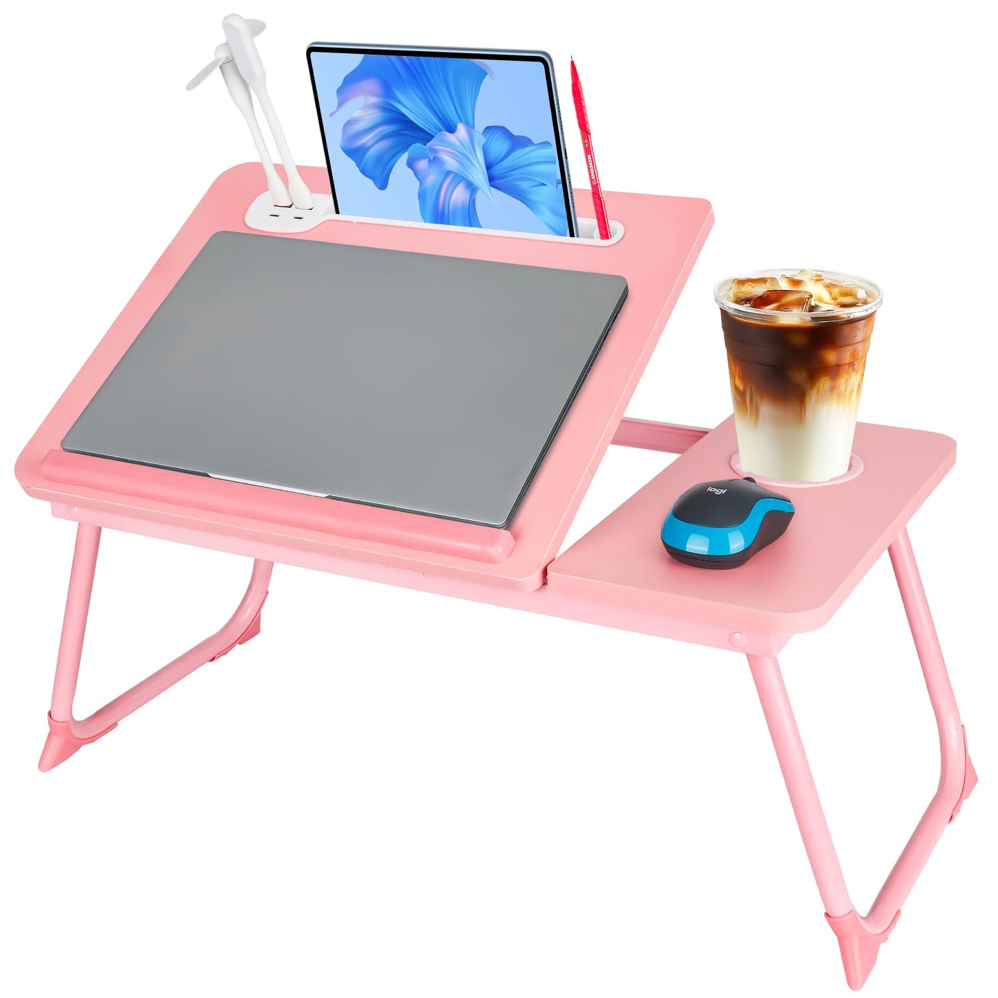 Laptop Bed Desk, Adjustable Lap Desk, Small Laptop Table with USB Charge Port, Desktop Card &Pen Slot, Cup Holder, Foldable Bed Tray Table for Couch Sofa Chair Floor Eating Working