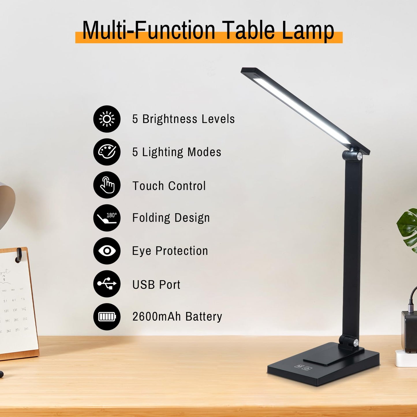 ErayLife Rechargeable LED Desk Lamp, 800LM 2600mAh Reading Table Lamp, 5 Color Modes 5 Brightness Touch LED Desk Lamps, Bedside Lamp with USB Charging Port for Study Home Office Nail, Black