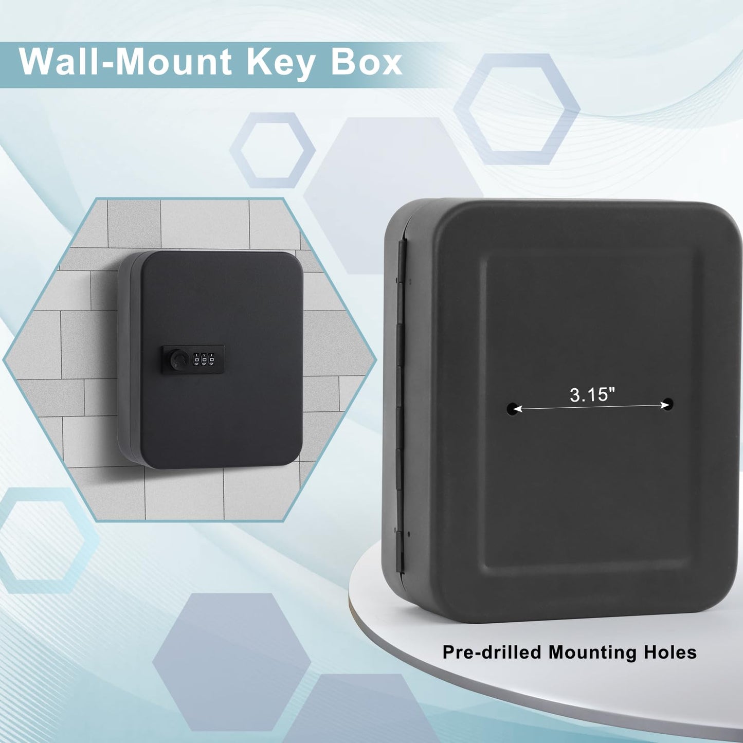 KYODOLED 20 Key Storage Lock Box with Code, Key Cabinet Organizer Wall Mount with Combination Lock, Hooks & Labels for Home, Office & Rental Properties, 7.87 x 6.3 x 3.14 in, Black