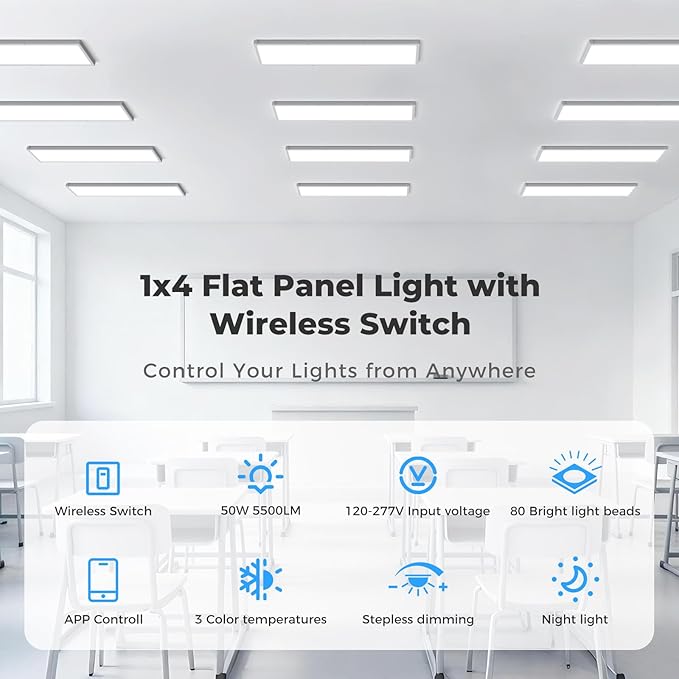 AIKVSXER 42 Pack 1x4 FT LED Flat Panel Light Surface Mount, with Wireless Switch & App Control, Night Mode, 50W 5500LM, 3000K/4000K/6500K, Ultra-Thin LED Light for Office Home,120-277V - White