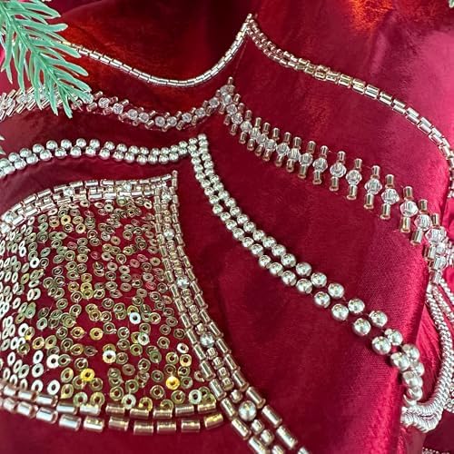 72-Inch Beaded Scalloped Christmas Tree Skirt in Foam-Lined Satin, Button-Loop Closures, Cranberry