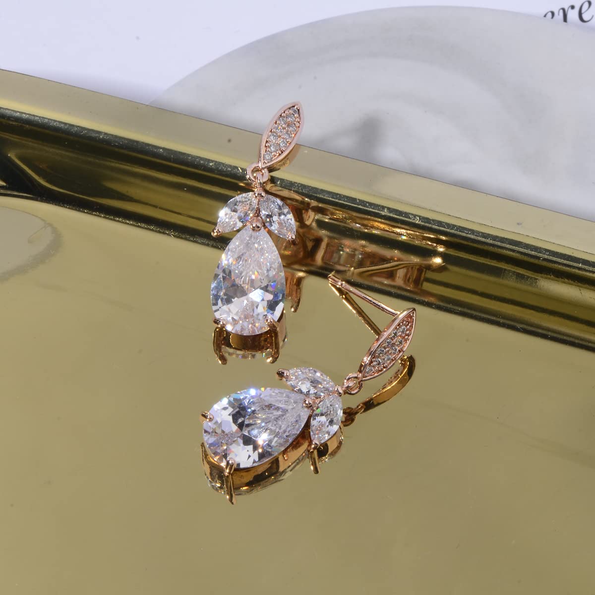 Women's Cubic Zirconia Bridal Earring Elegant 14k Rose Gold Plated Teardrop Cluster Floral Leaf CZ Crystal Rhinestone Wedding Earring for Bride Bridesmaids Party Prom