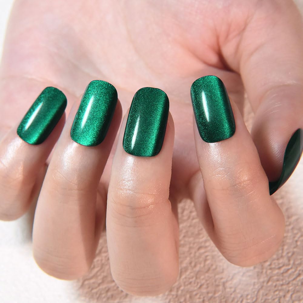 evpct Dark Emerald Green Metallic Cat Eye Press on Nails Square Medium, Stick on Nails Medium Length Square for Women, Green Metallic Nail press ons, Iridescent Glitter Acrylic Fake Press on Nail