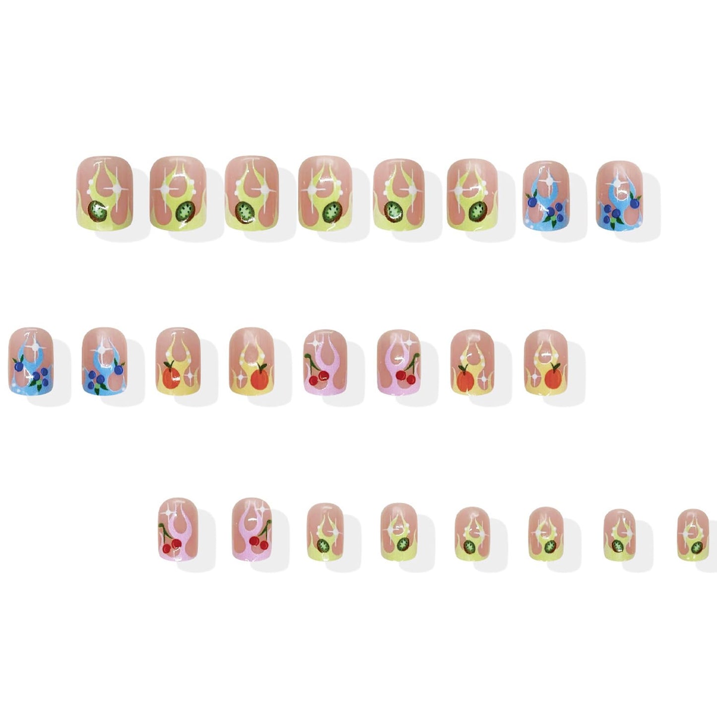 IMSOHOT Press on Nails Short Square Fake Nails Colorful French Tips False Nails with Flame & Fruit Designs Nude Glossy Full Cover Cute Summer Acrylic Squoval Stick on Nails 24Pcs