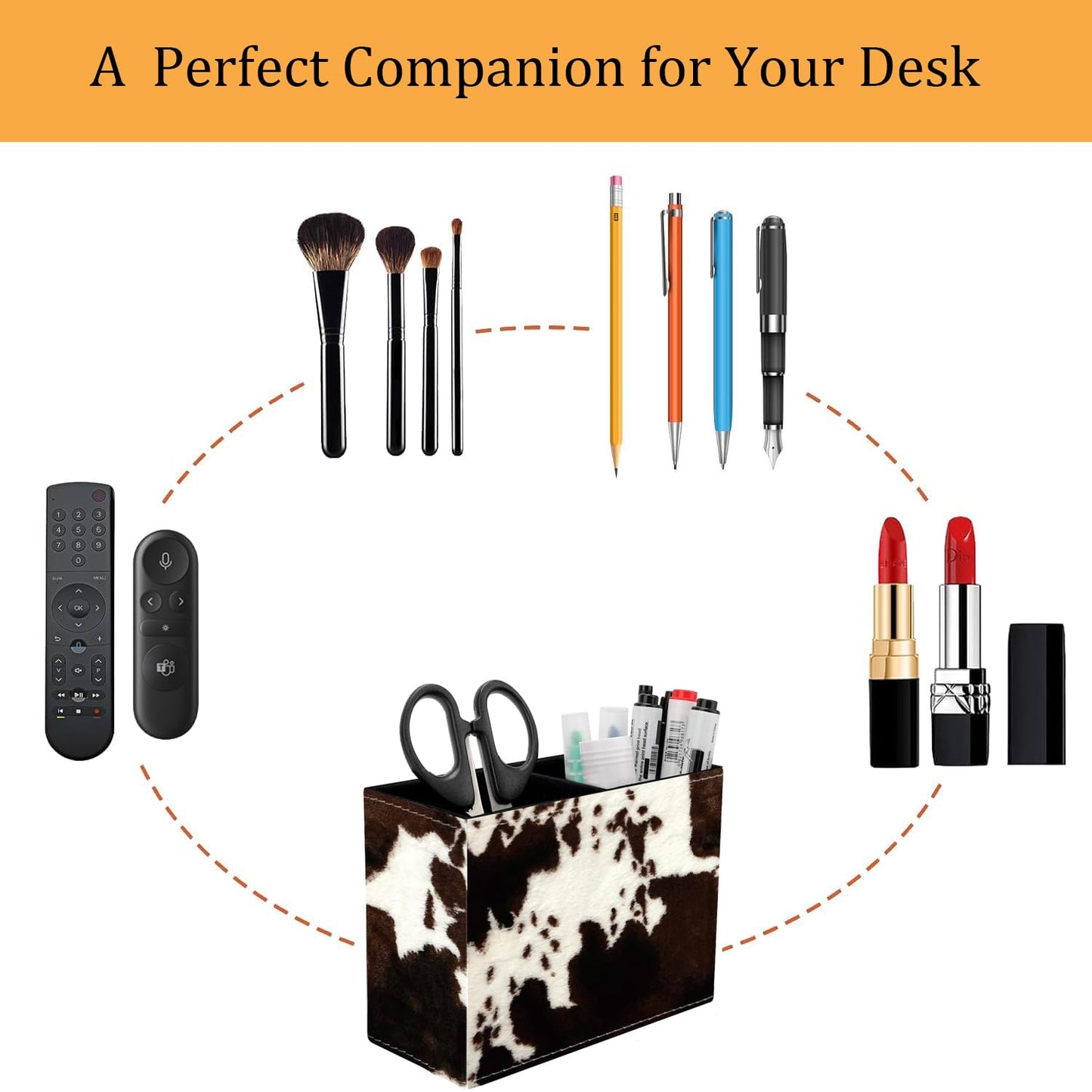 VSHSEEOM Pen Holder for Desk, PU Leather Multifunctional Desktop Storage Box and Anti-Slip Mouse Pad Set, Makeup Brush Holder Pen Organizer for Office and Home - Cow Hide Print