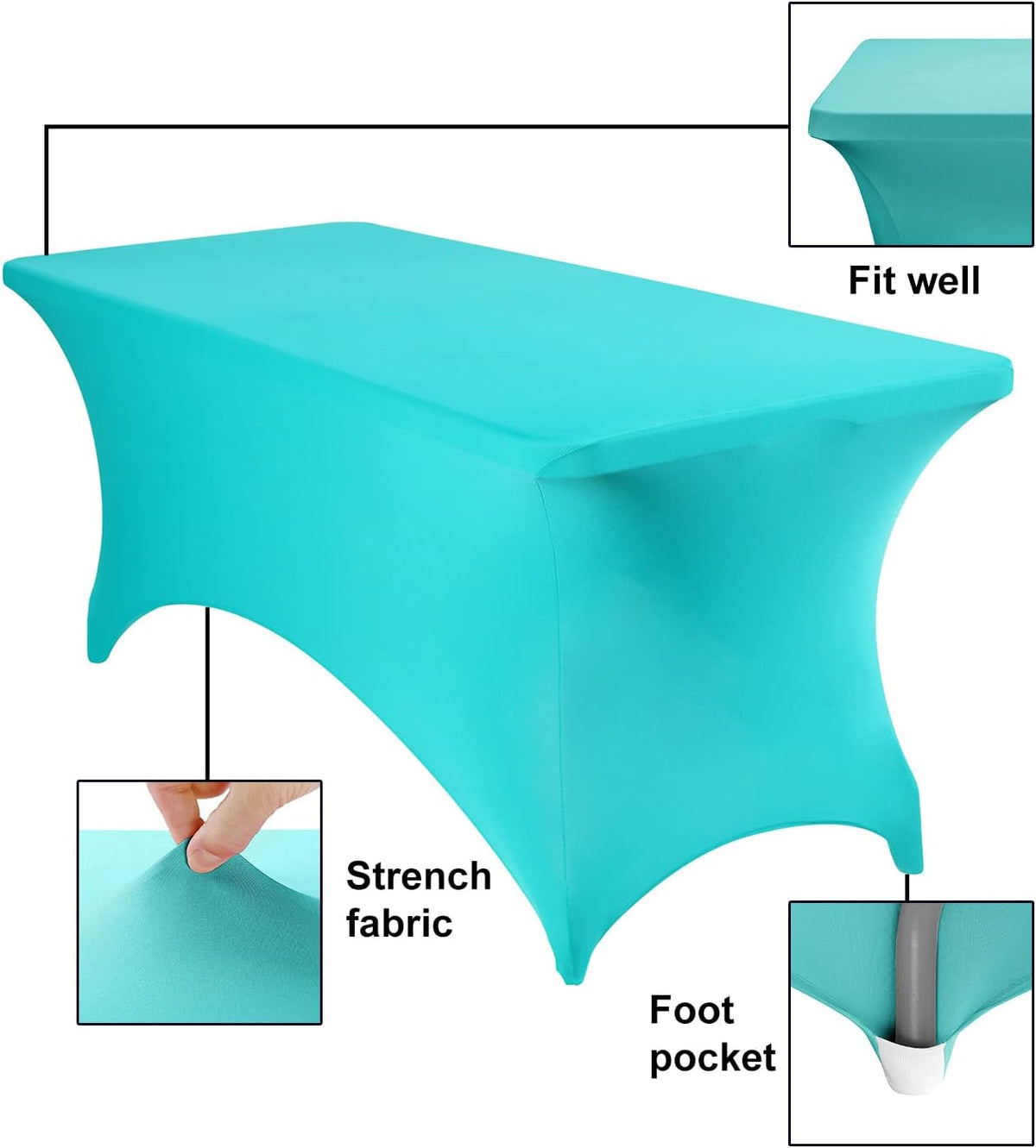 2Pack Spandex Waterproof Rectangular Tablecloths, 6FT, Turquoise, Stretchable, Stain Resistant, All-Season, Party, Wedding, Banquet, Events