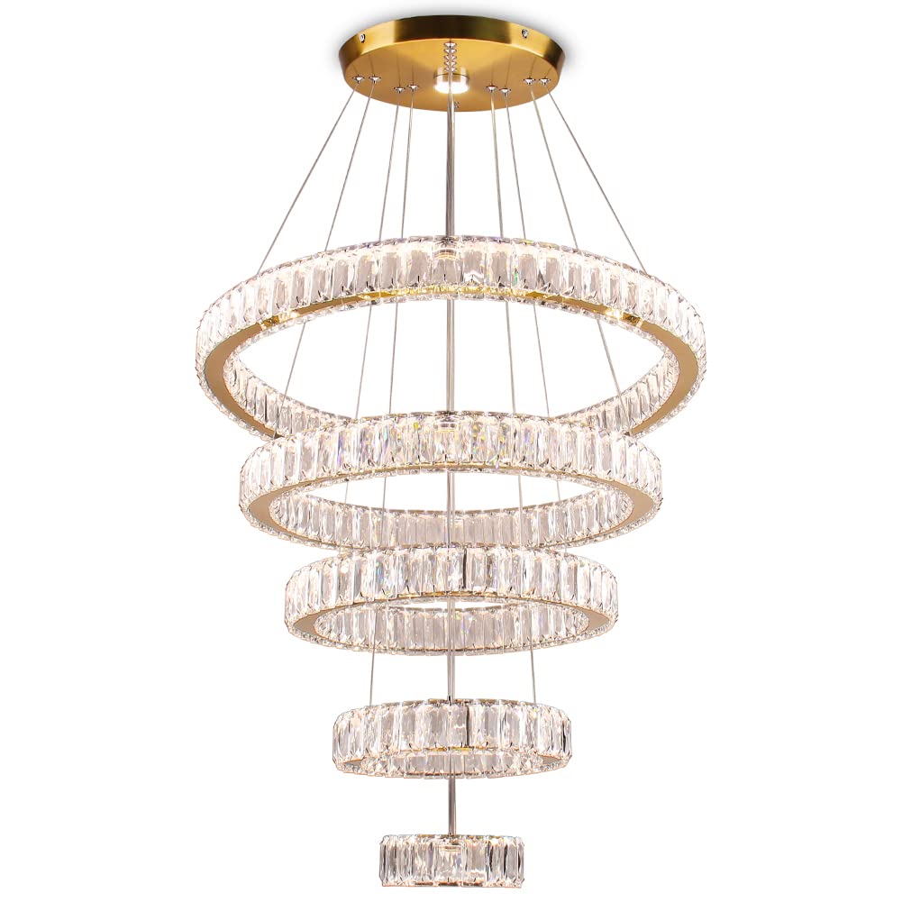Dixun LED Big Crystal Chandeliers Modern 5 Rings Pendant Light Adjustable Ceiling Light for Bedroom Dinning Room Kitchen (Multicolor,Control by Switch)