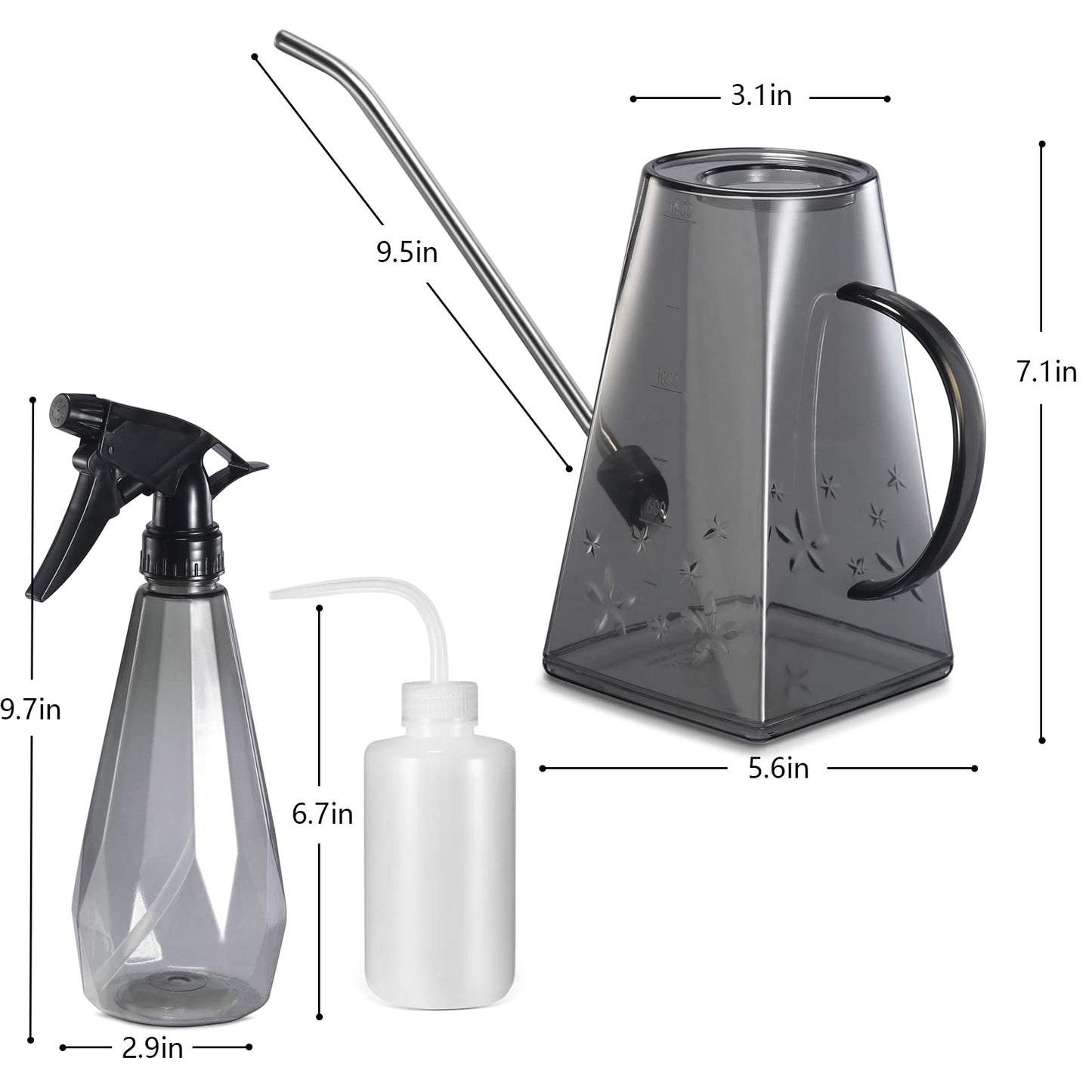 Goowin Watering Can Indoor Plants, 47 oz Long Spout House Plant Flower Watering Can, Creative Wide Opening Plastic Watering Can with 16 oz Spray Bottle & 8.5 oz Squeeze Bottle, Grey