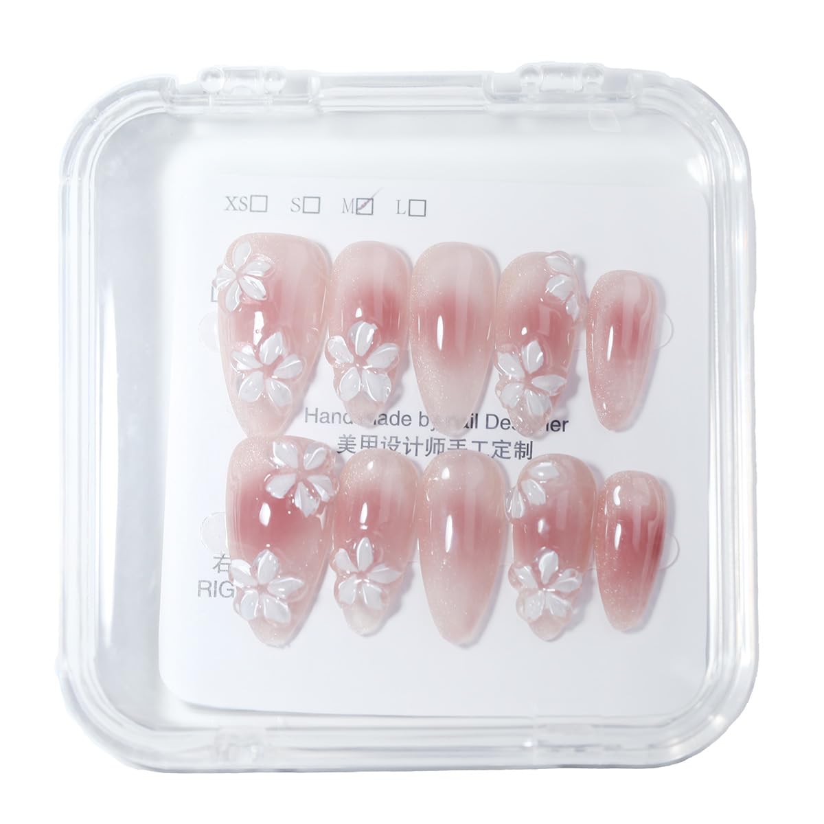10Pcs Medium Almond Handmade Press On Nails | Easy Apply & Remove, Reusable Salon Quality Nails | Romantic Pink Gradient Fake Nails with 3D Floral & Glitter Accents(5U14, M)