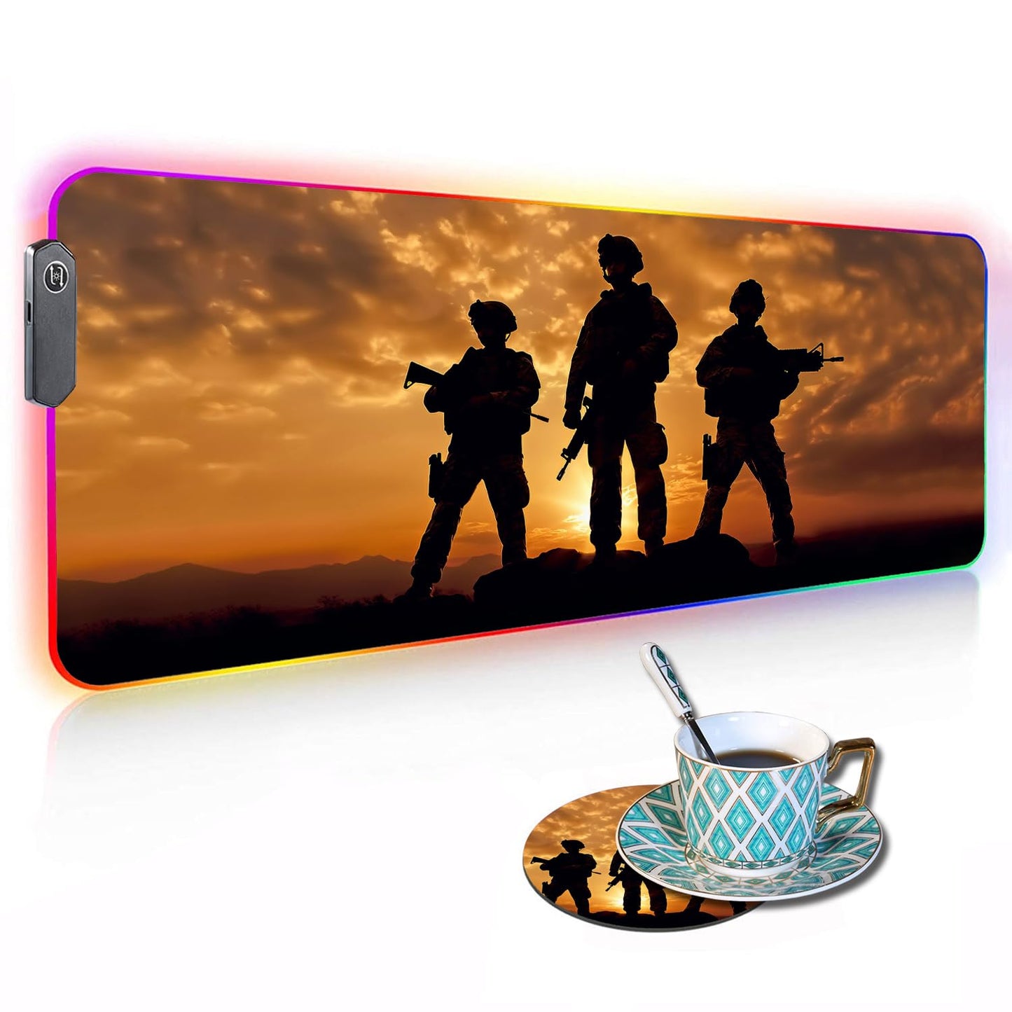 ZOXOHO RGB Gaming Mouse Pad with Coffee Coaster, Large Glowing LED Mouse Pad, Anti-Slip Rubber Base Computer Keyboard Desk Mouse Mat 31.5 X 11.8 Inch, American Army Troops Military