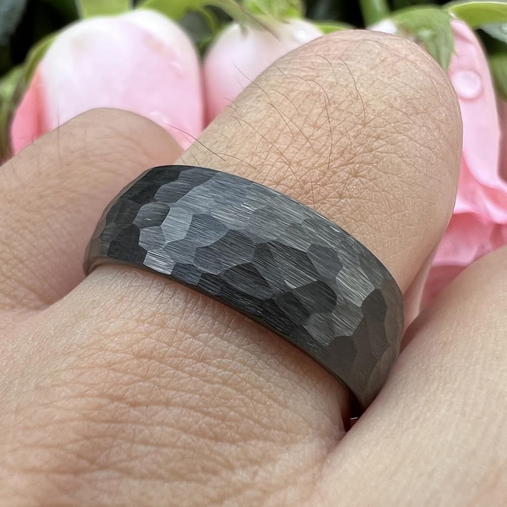 TUTISS 8mm Black Hammered Tungsten Carbide Rings for Men Women Engagement Wedding Bands Domed I Love You Engraved Comfort Fit Size 7