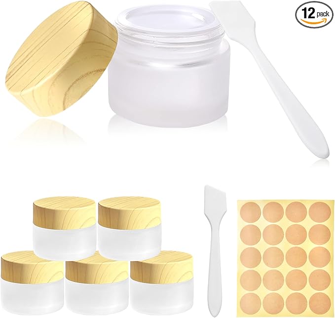 1/2 oz Glass Jars with Lids 12Pcs Frosted Glass Lip Balm Containers Cosmetic Containers Cream Box for Lotion Cream Lip Balm Eyeshadow, Spatulas,Stickers