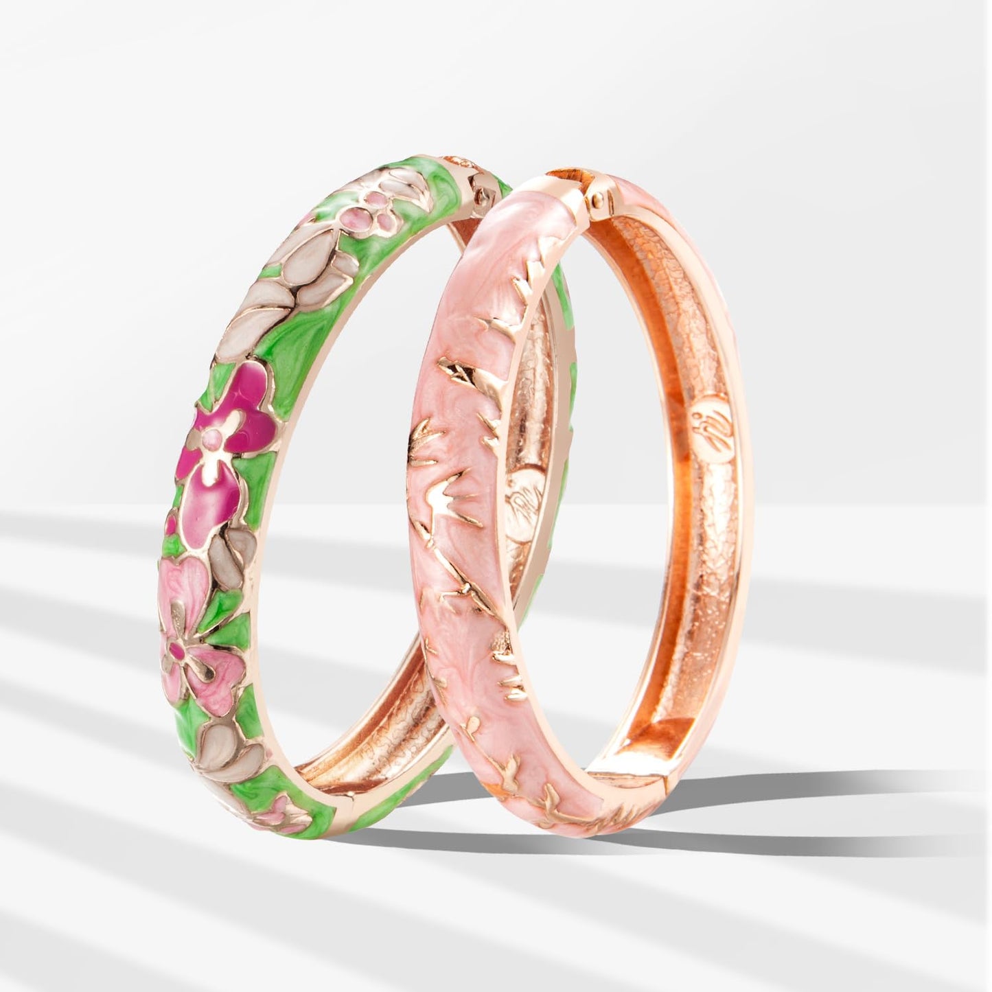 UJOY Gorgeous Bracelets Enameled Floral Cloisonne Gift Plated Cuff Bangles Jewelry Sets Box for Women 55A100-55A117 Green Pink