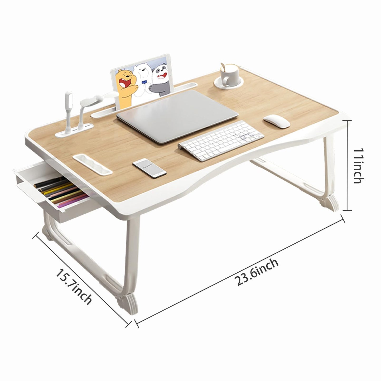 Foldable Laptop Bed Desk with USB Port, Storage Drawer & Cup Holder - Large 23 Inch Portable Lap Tray for Working, Reading, and Writing in Bed
