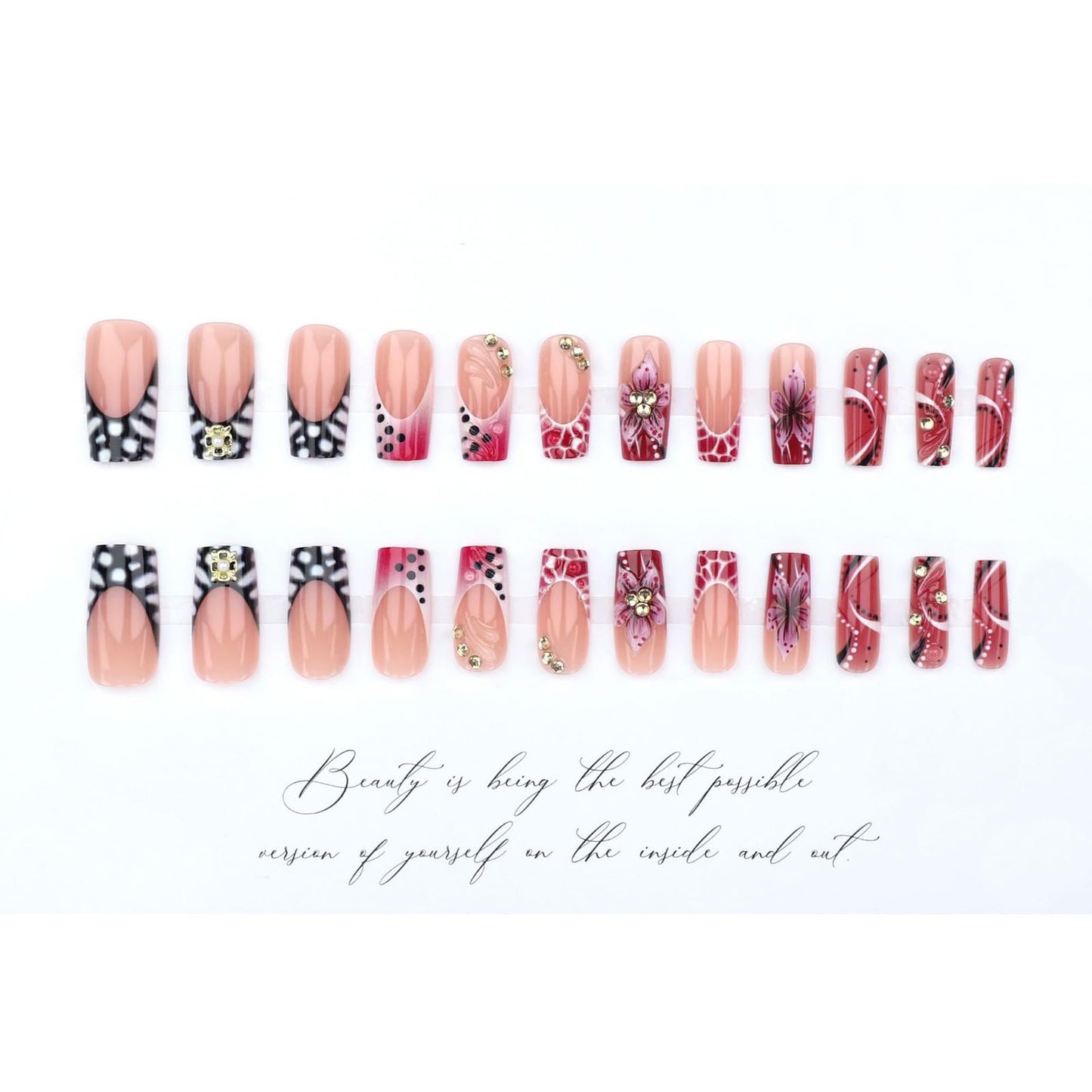 IMRAIN Press on Nails Long Square Fake Nails Pink French Tips False Nails with Crocodile Print Designs Handmade 3D Flower, Rhinestone Glue on Nails