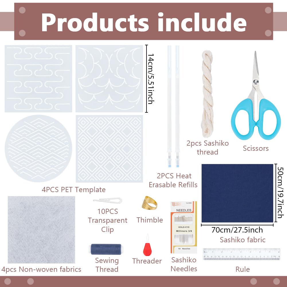 WEBEEDY 4 Sets Sashiko Starter Coaster Kit for Beginners, Japanese DIY Tea Mat Sewing Kit with Sashiko PET Templates, Needles, Thread for Table Cup Mat Embroidery Christmas Craft Decor Gift