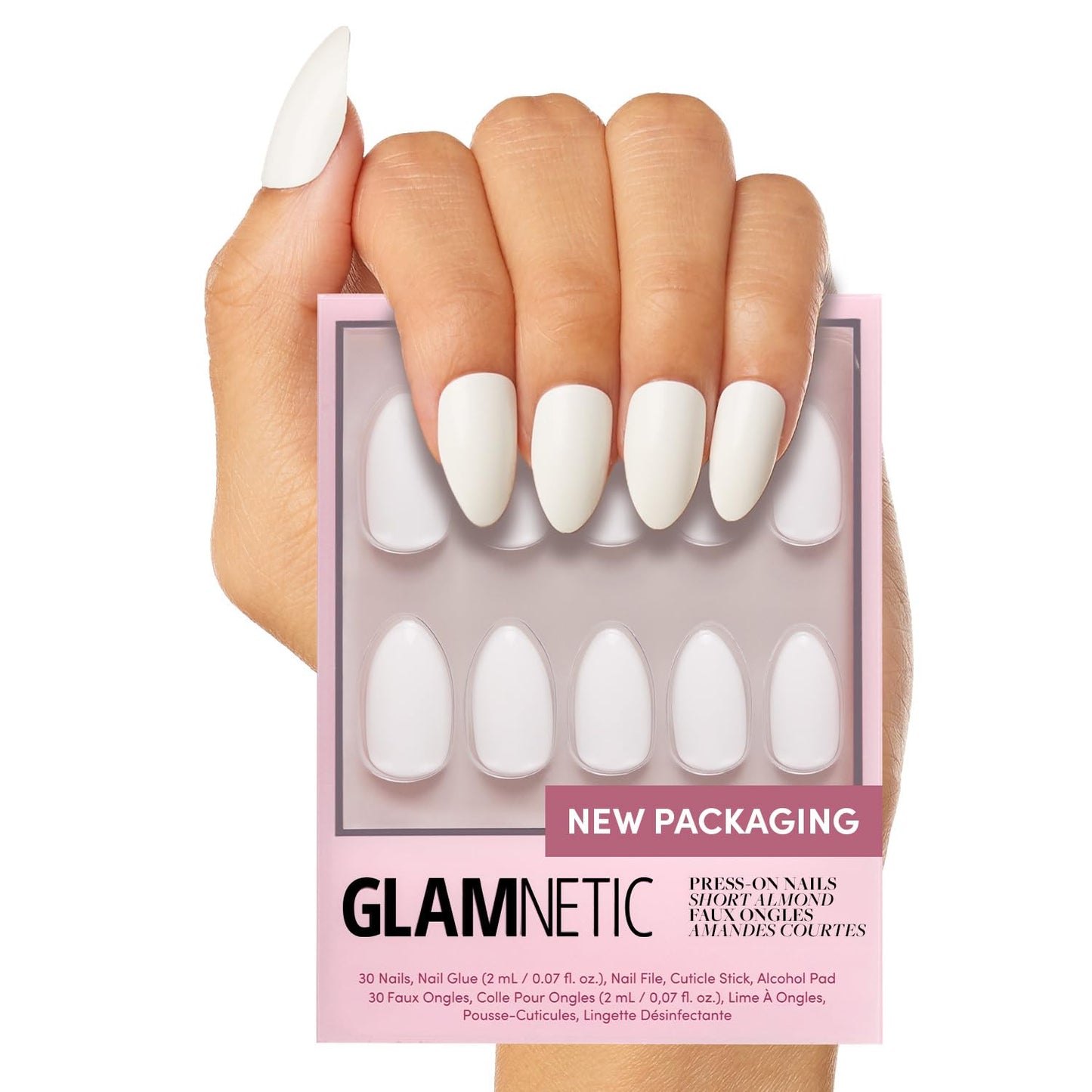 Glamnetic Press On Nails - Angel | Opaque White Short Almond Fake Nails, Salon Quality | 12 Sizes - 24 Nail Kit