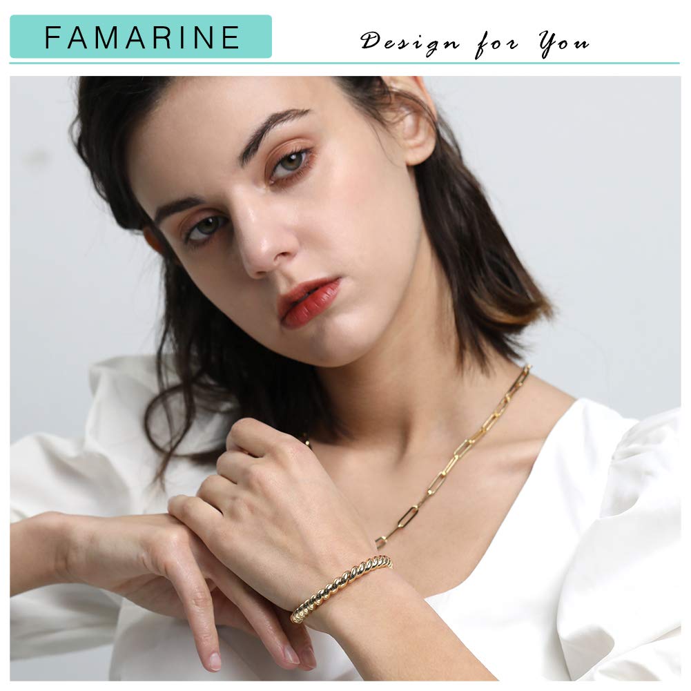 FAMARINE Twisted Thin Bangle for Women, Vintage Stretchable Elastic Bangle Couples Love Bracelets, 14K Gold Plated