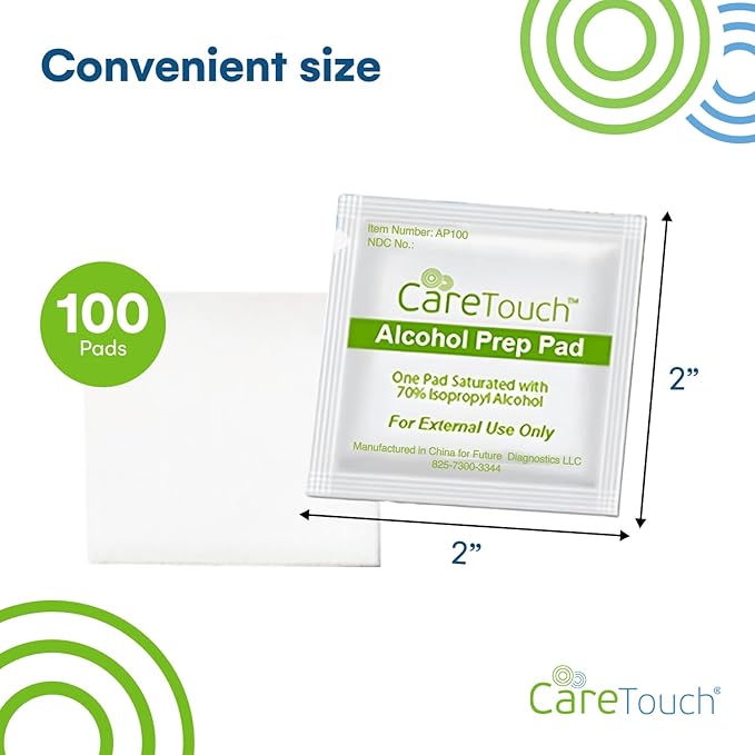 Care Touch 100-Pack Alcohol Wipes - Individually Wrapped Alcohol Prep Pads with 70% Isopropyl - Sterile 2-Ply Antiseptic Swabs for First Aid Kits, Cleaning, Travel and Everyday Use