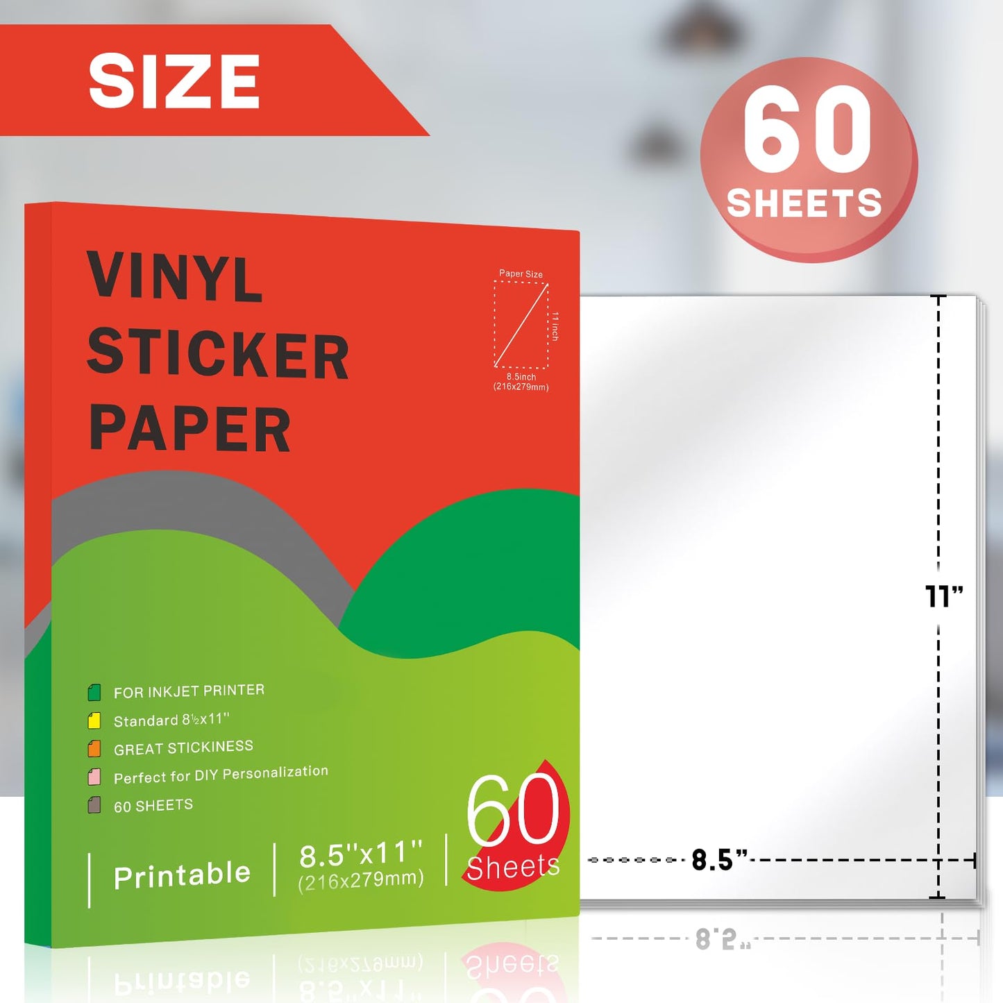 60 Sheets Premium Printable Vinyl Sticker Paper for Inkjet Printers Glossy White 8.5x11 Inch Waterproof & Vibrant Colours Retains Ink Well Tear Resistant Great for Cutting Machines