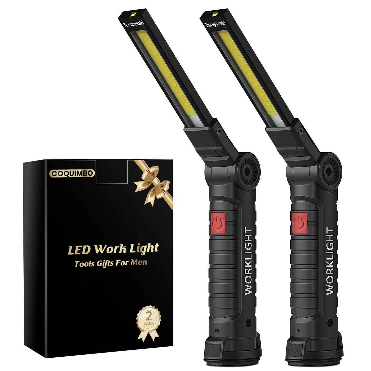 Coquimbo Tool Fathers Day Dad Gifts for Men Him Husband, Rechargeable LED Work Light BBQ Grill with Magnetic Base Hook, 360° Rotate Mechanic Flashlight Mens Easter Birthday Gifts (2 Pack Black)