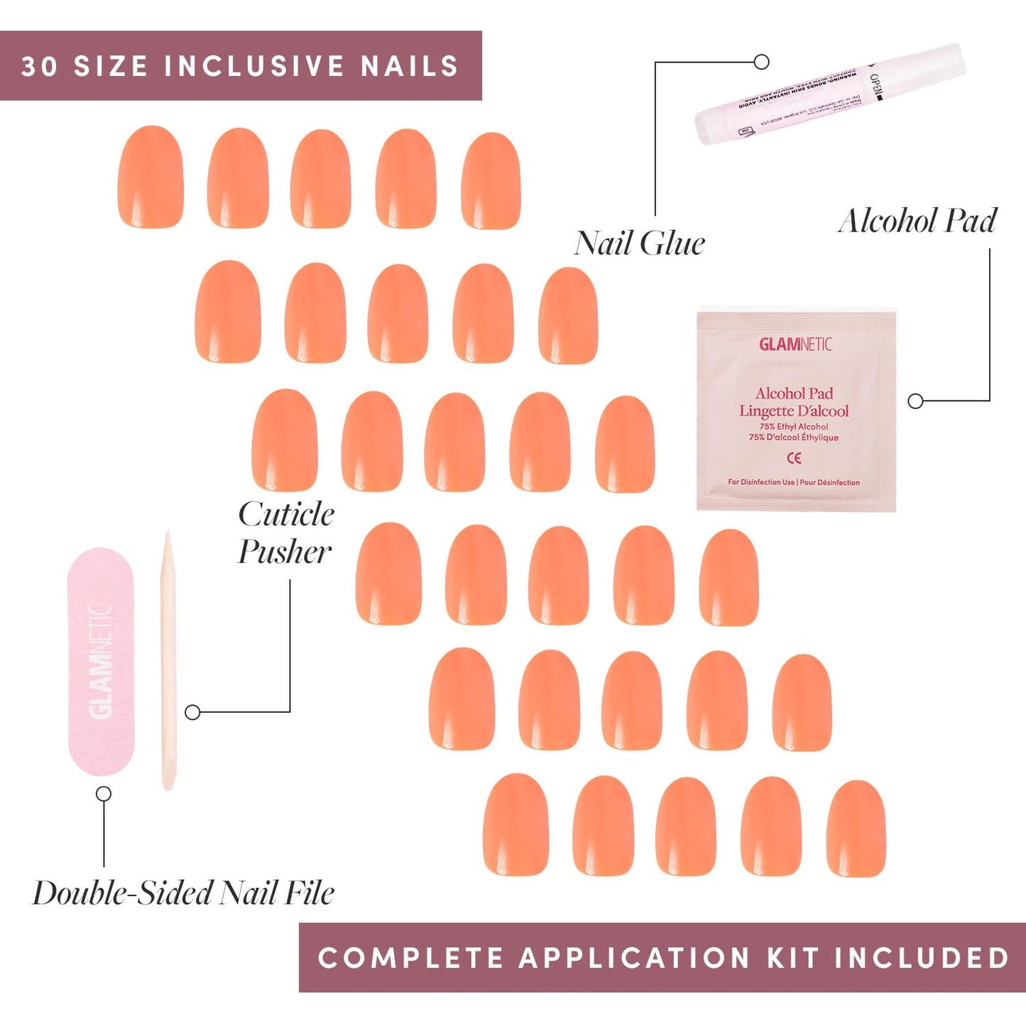 Glamnetic Press-On Nails & Adhesive Nail Tabs - Apricot | Orange Solid Opaque Round False Nails | 12 Sizes - 30 Nail Kit with Adhesive Tabs