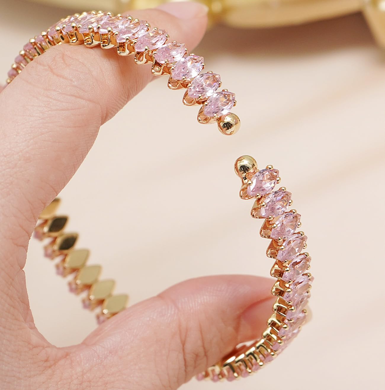 Wovanoo Rhinestone Cuff Bracelet Cubic Zirconia Tennis Bracelets Open Adjustable Bangle for Women Gold Pink