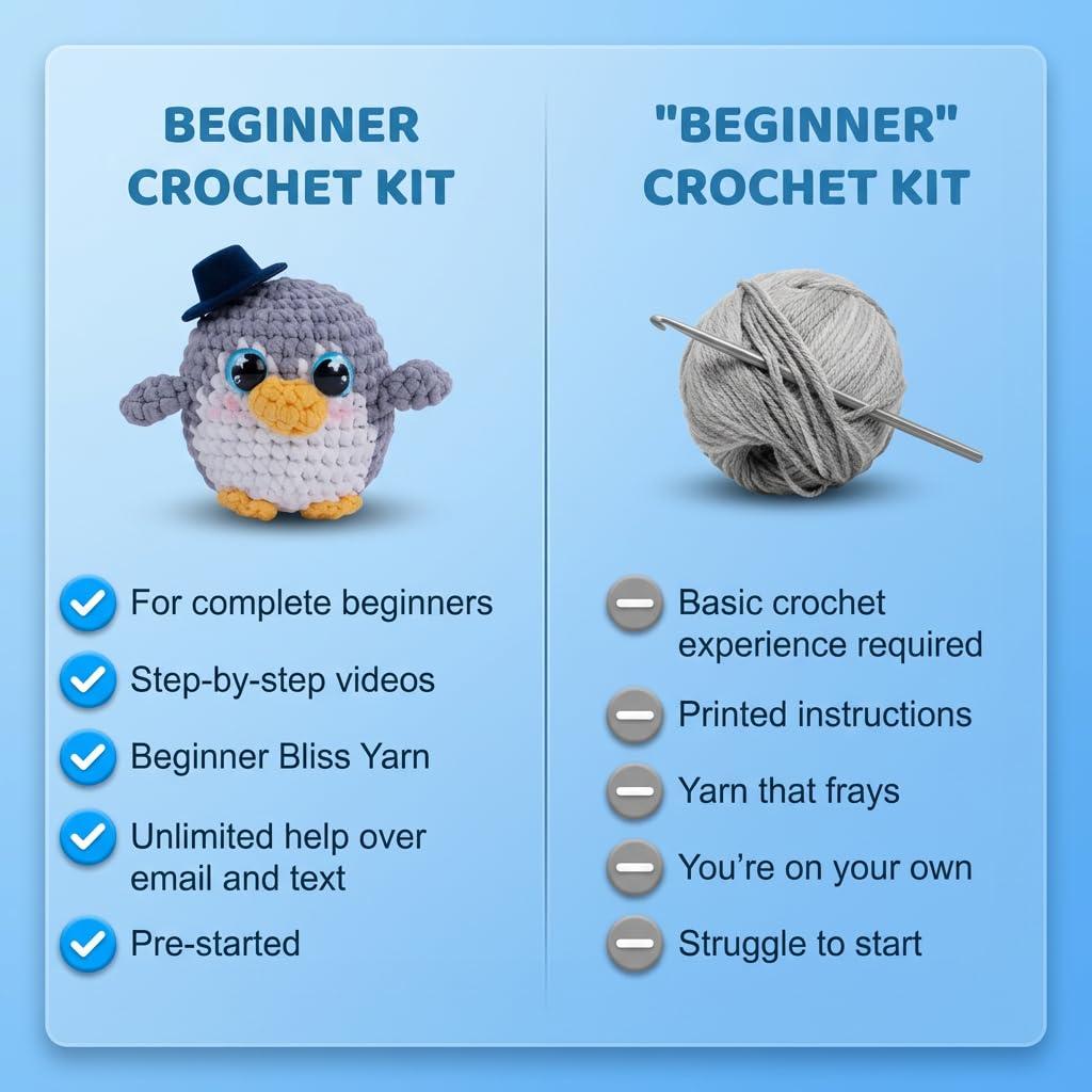 Bubbly Crochet Mr. Tux the Penguin Crochet Kit for Beginners – DIY Penguin Plush with Customizable Eyes & Hat, Step-by-Step Video Tutorials & All-in-One Tools – Amigurumi Craft Kit and Easy Arts