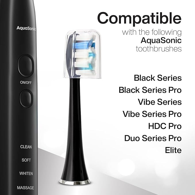 AquaSonic Proflex Replacement Brush Heads | ADA Accepted | for Whiter Teeth & Gum Care | Compatible with Many AquaSonic Toothbrush Handles (8 Pack Black)