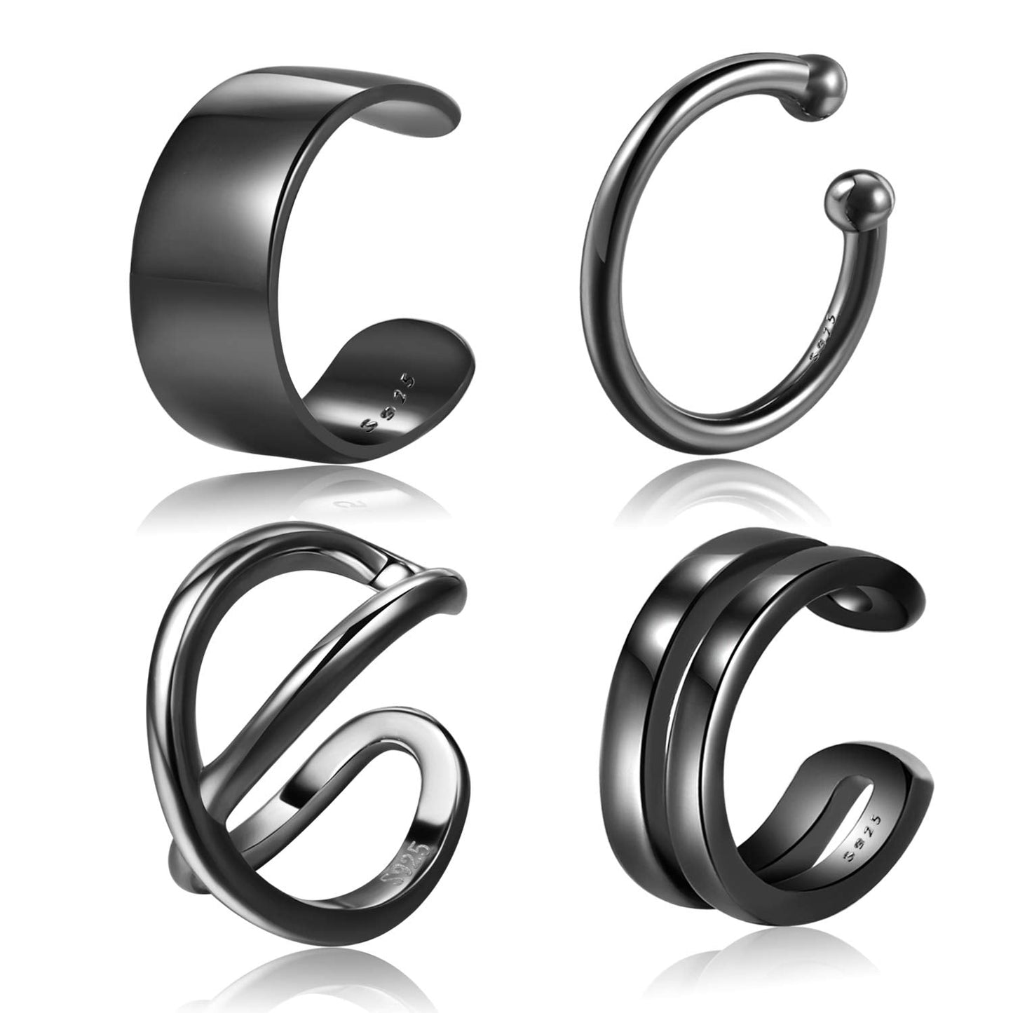 CHIC & ARTSY 925 Sterling Silver Black Ear Cuffs Set Fake Ear Cuffs Non Piercing Ear Conch Clip on Cartilage Earrings for Women Men | 4 Various Styles