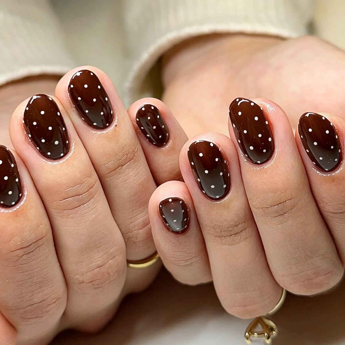 Brown Press on Nails Short Oval Fake Nails Polka Dot Fall Nails Press ons with Design Full Cover Glue on Nails for Women Manicure, Reusable | Artificial | Nail Sticky Tabs | Easy Apply | 24Pcs