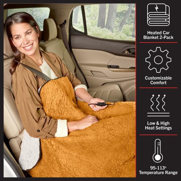 Stalwart Heated Blanket 2-Pack - 12V Electric Blanket for Car, RV, or Camping - 57x39” Portable Travel Throw with 2 Heat Levels - Must-Have Car Essentials and Tailgating Gear (Honey)