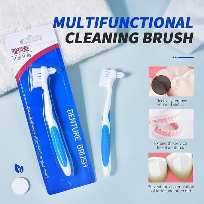 Y-Kelin Denture Brush Hard Bristles, Denture Toothbrush with Dual Head & Rubber Handle Non-Slip (Red+Blue, 2 Pcs)