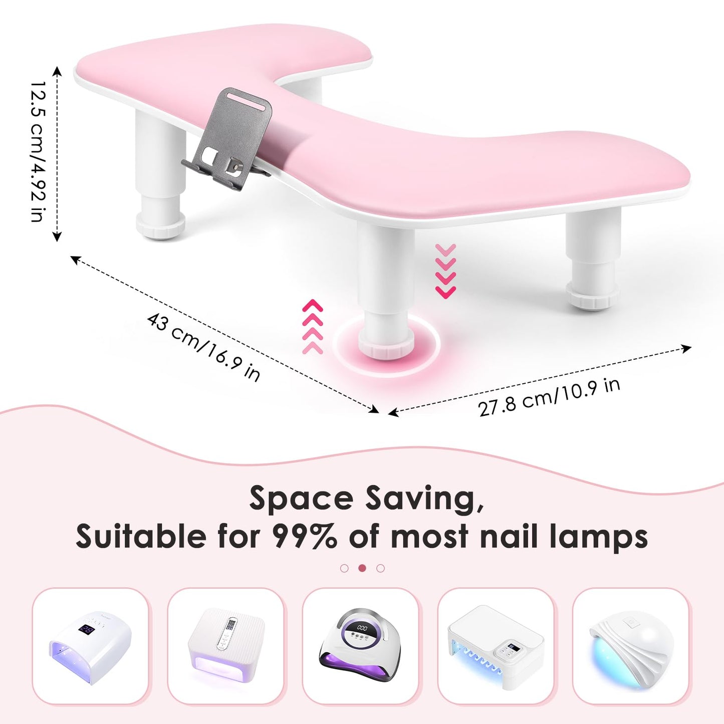 LIONVISON Arm Rest for Nails Tech: U Shaped Adjustable Height Ergonomic Nail Hand Rest Stand PU Leather with Rotating Phone Holder for Nail Salon Manicurist (Pink)
