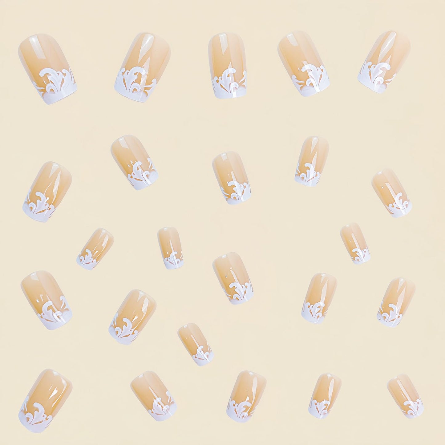 Medium Press on Nails Square Fake Nails with White Flower Designs Glossy Nails Press ons Nude Glue on Nails Cute Acrylic Nails Artificial Stick on Nails for Women 24Pcs