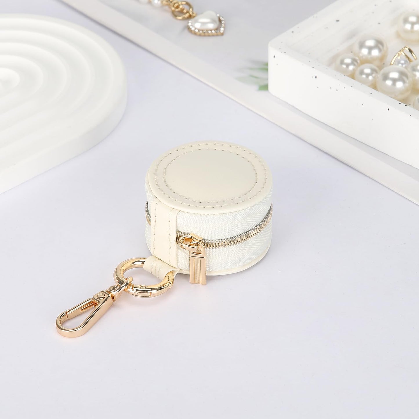 KUKUVR Jewelry Ring Holder Box with Keychain, Portable Gym Jewelry Storage Box Case, Small Travel Ring Earring Stud Necklace Storage Case (White)