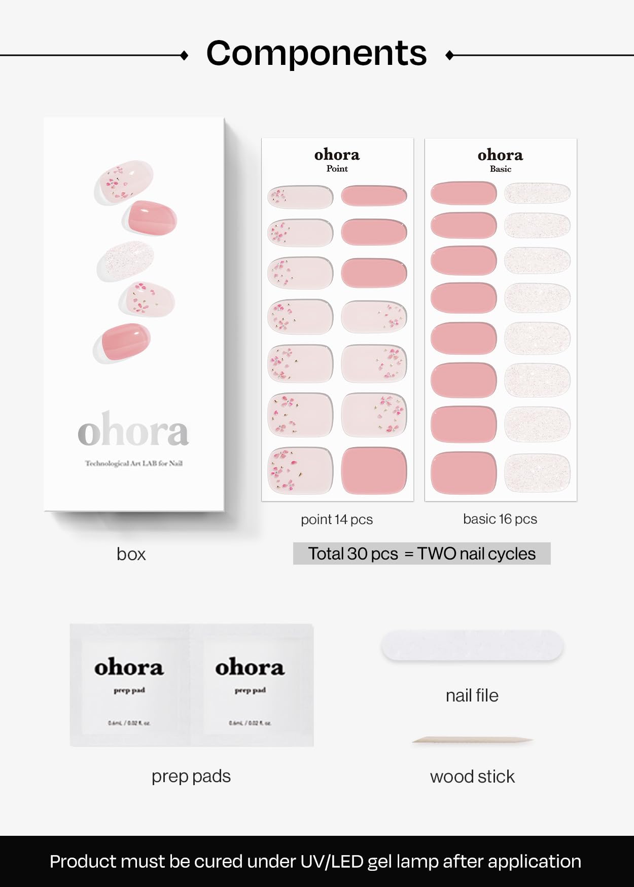 ohora Semi Cured Gel Nail Strips (N Rose Diamond) - Pink, Patterned, Works with Any UV/LED Lamps, Salon-Quality, Long Lasting, Easy to Apply & Remove - Includes 2 Prep Pads, Nail File & Wooden Stick