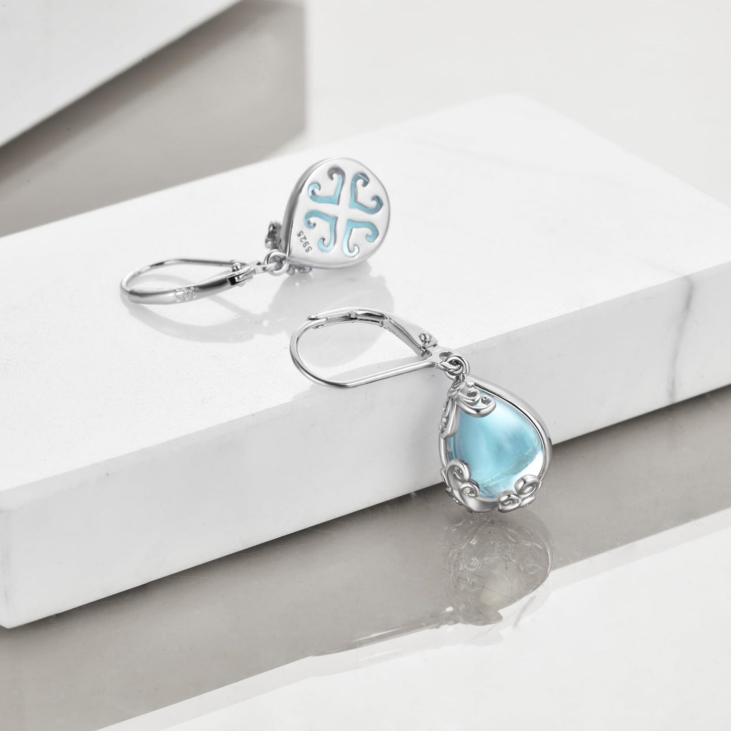 POPLYKE Aquamarine Filigree Teardrop Drop Dangle Earrings Sterling Silver Blue Crystal Leverback Earrings Jewelry for Women