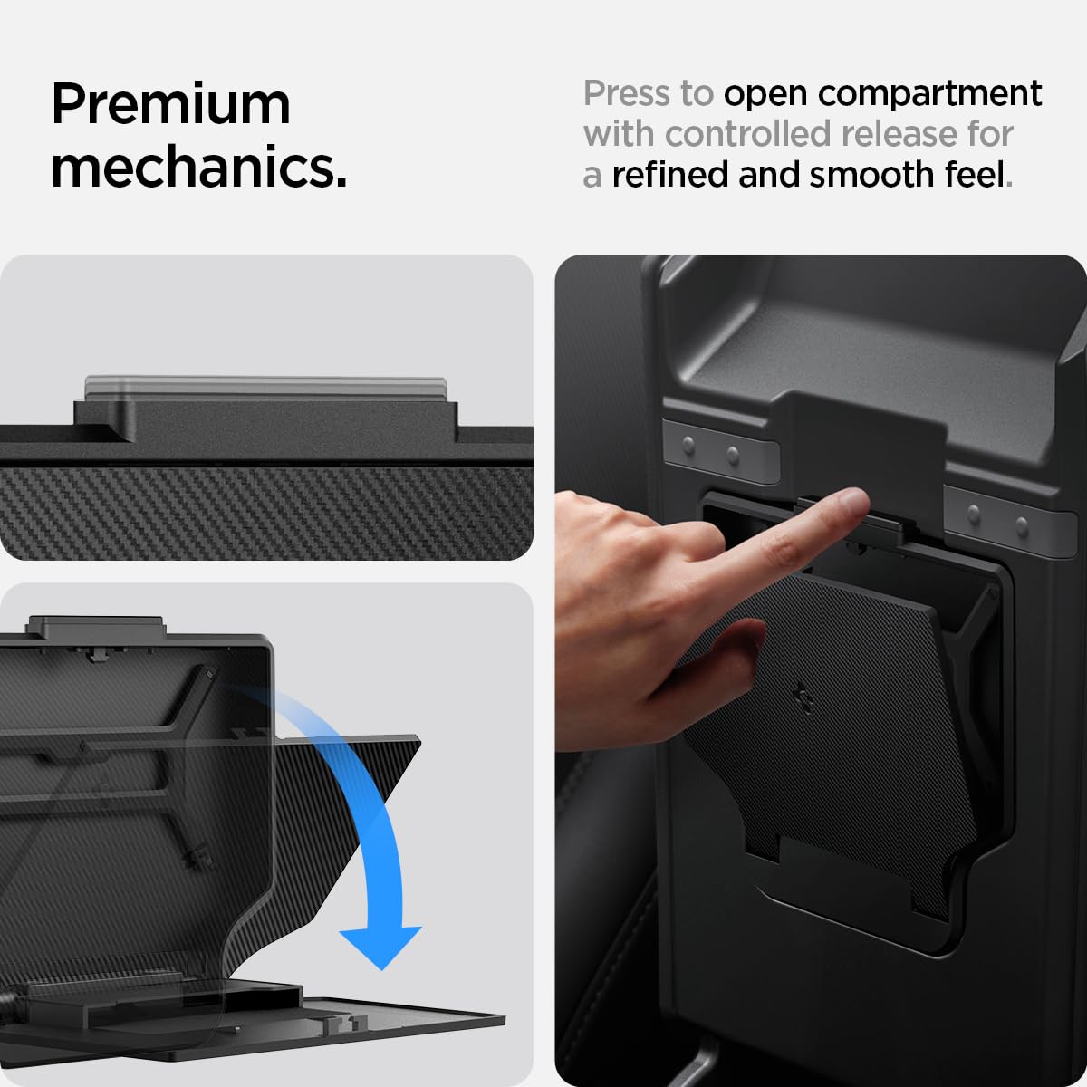 Spigen One-Tap Hidden Storage Box for Tesla Model Y Juniper (Standard, Premium & Performance 2026/2025) and Model 3 Highland (Standard, Premium & Performance 2026/25/24)