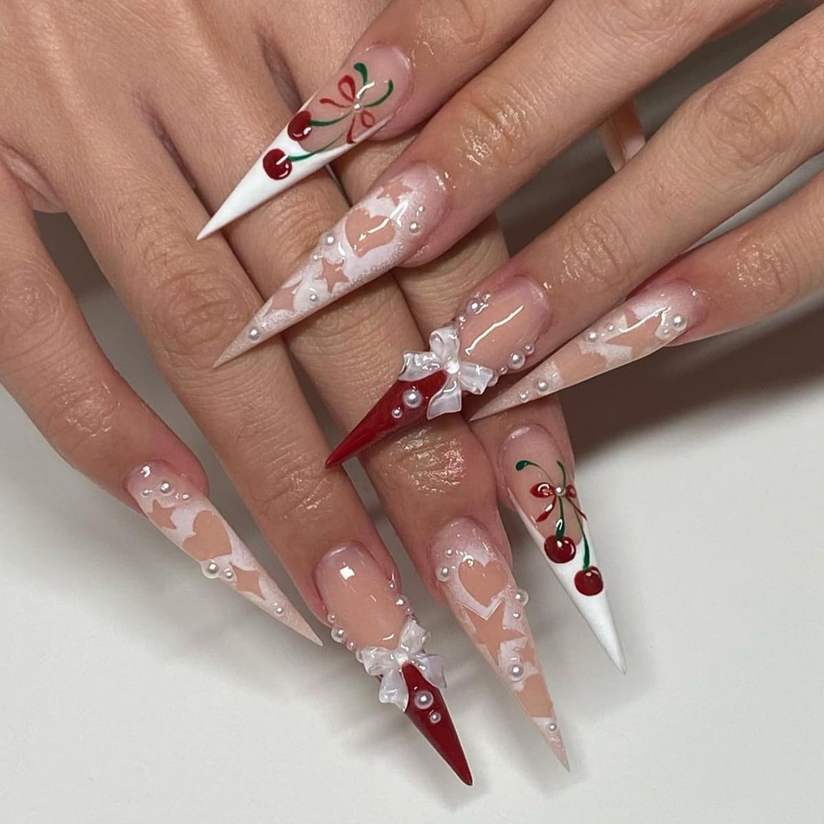 Cherry Press on Nails Long Stiletto Fake Nails French Tip False Nails Star Heart 3D Bow Design Extra Long Full Cover Glossy Acrylic Nails for Women Manicure 24PCS